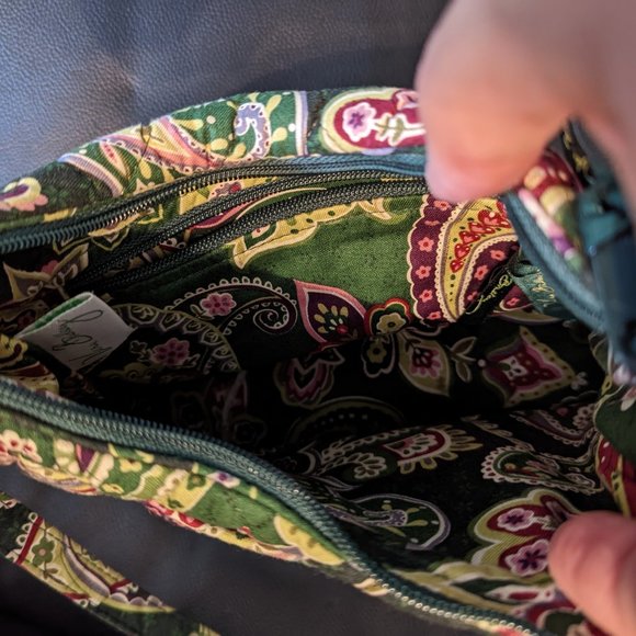 Vera Bradley Green Floral Paisley Small Hobo Bag Purse Front & Interior Pocket - Picture 7 of 9